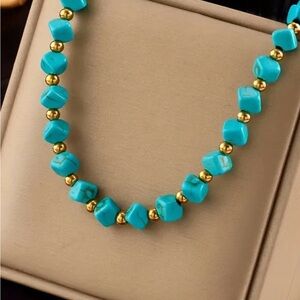 1pc Punk Style Stainless Steel Gilded Small Golden Beads Square Turquoise